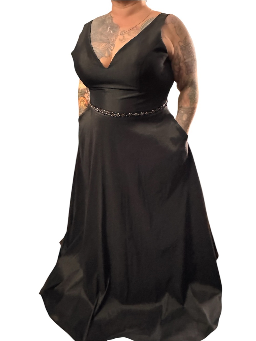 Clarisse Black V-Neck A-Line Prom Dress with Beaded Waist